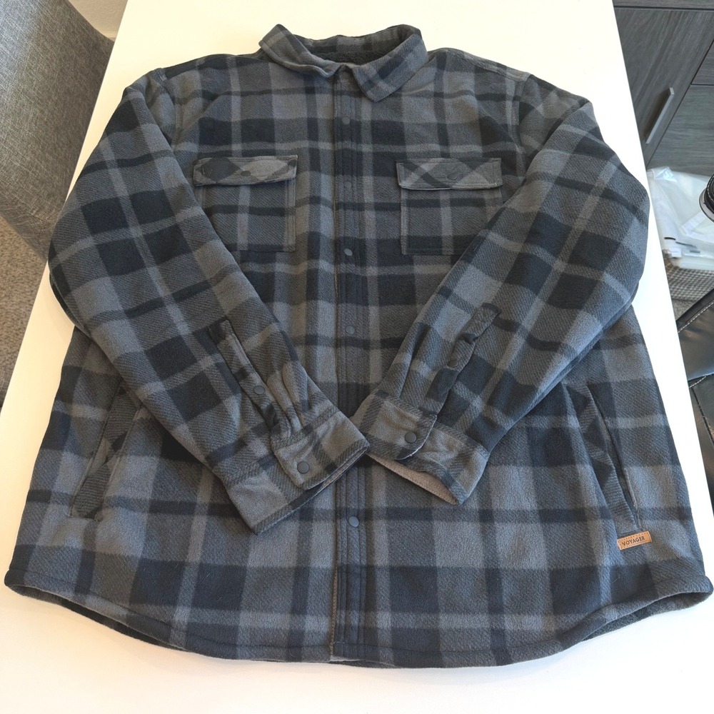 Voyager Mens 2XL Fleece Sherpa Lined Plaid‎ Shirt Jacket Dark Charcoal 1433038